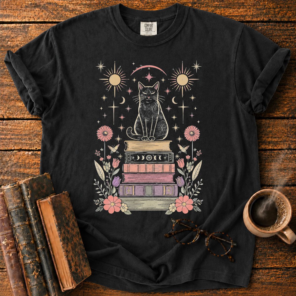 Celestial Black Cat Book Stack T-Shirt