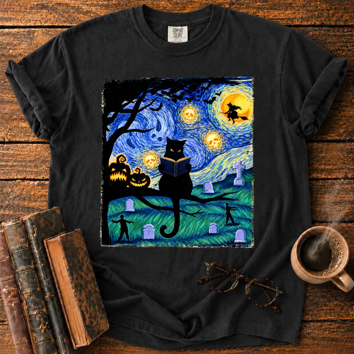 Black Cat Reading Under Skull Moon T-Shirt