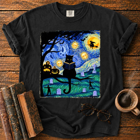 Black Cat Reading Under Skull Moon T-Shirt