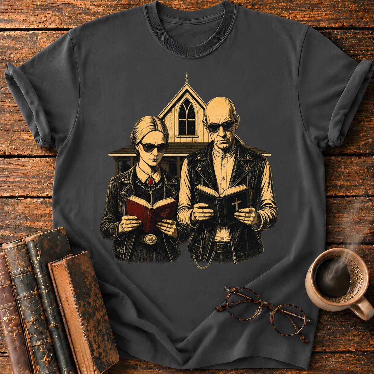 Gothic Couple Reading at the Chapel T-Shirt