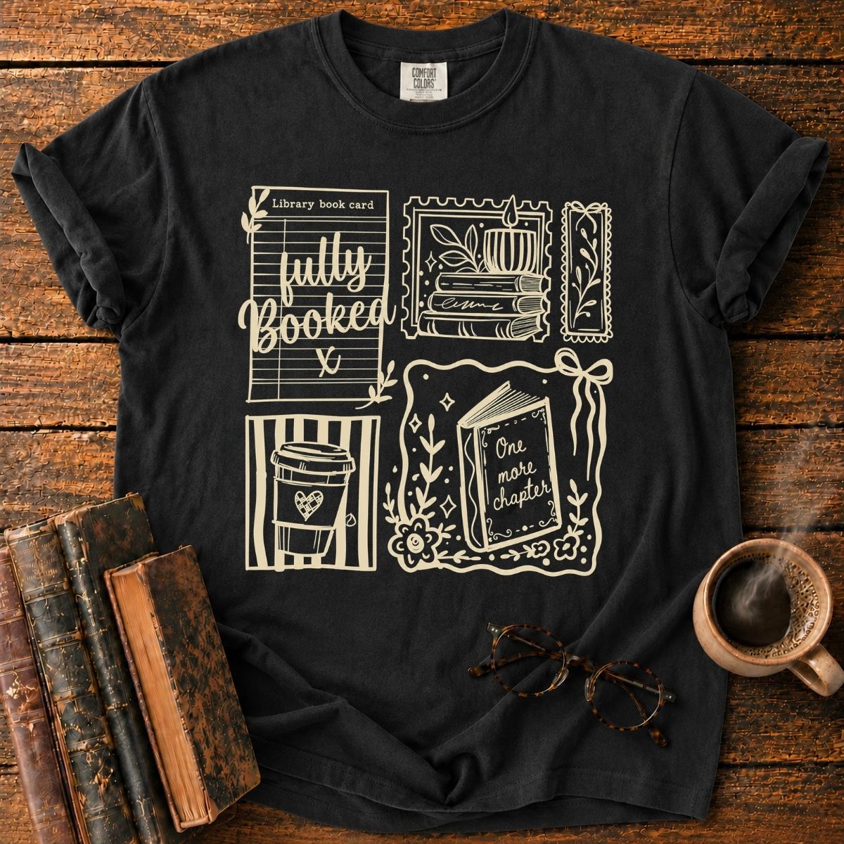 Cozy Bookish Sticker Collage T-Shirt