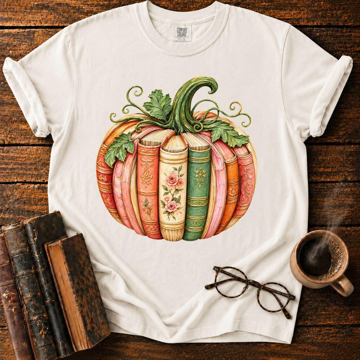 Vintage Book-Spine Pumpkin with Vines T-Shirt