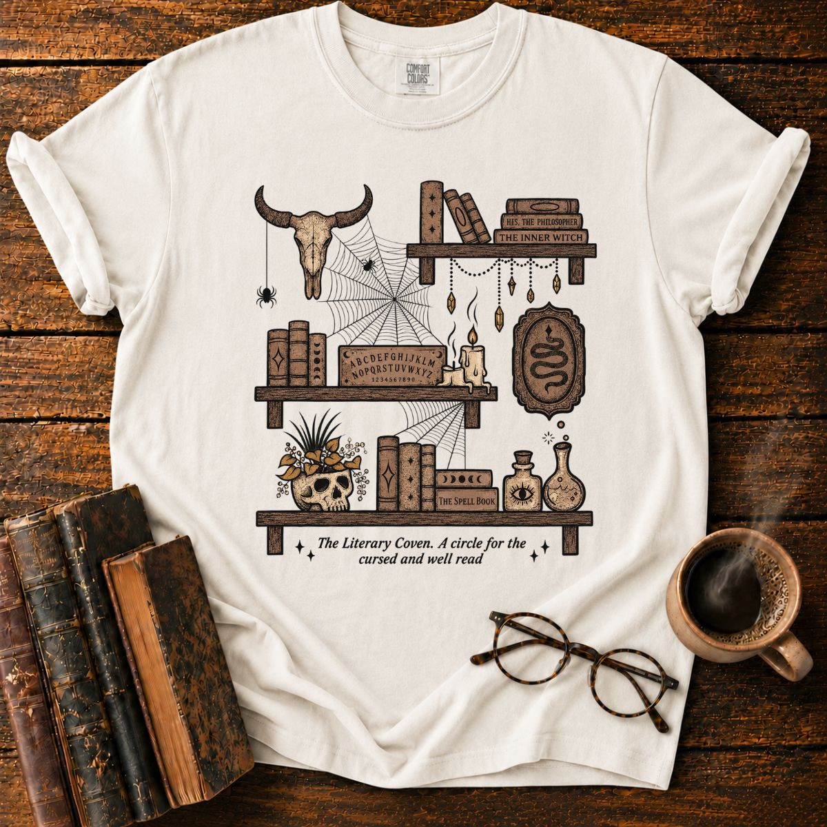 The Literary Coven Witchy Bookshelf T-Shirt