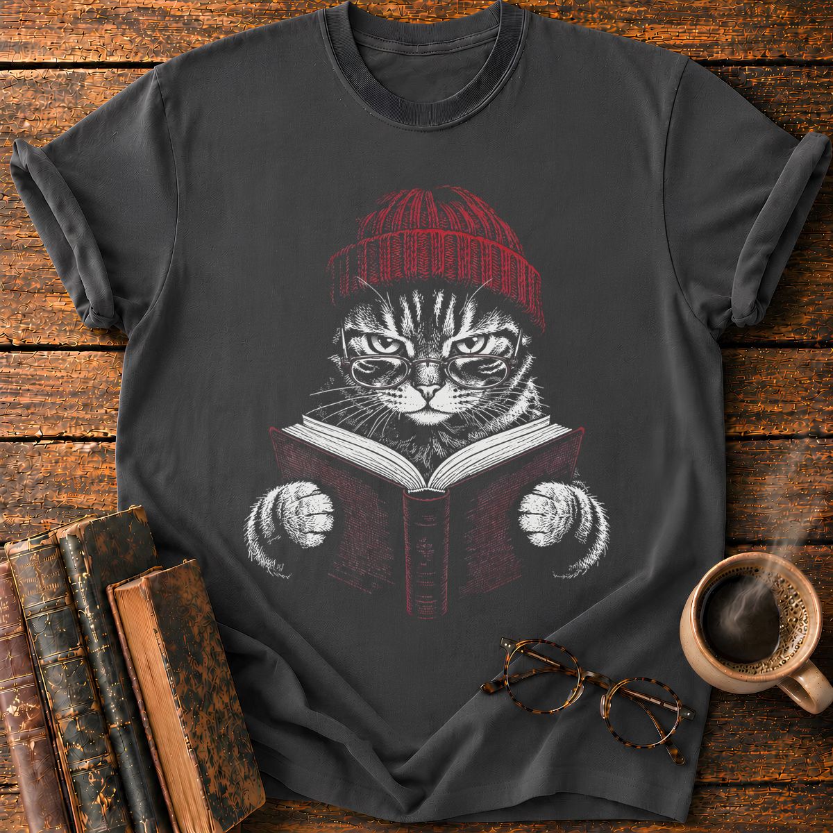 Cat with Red Beanie and Book T-Shirt