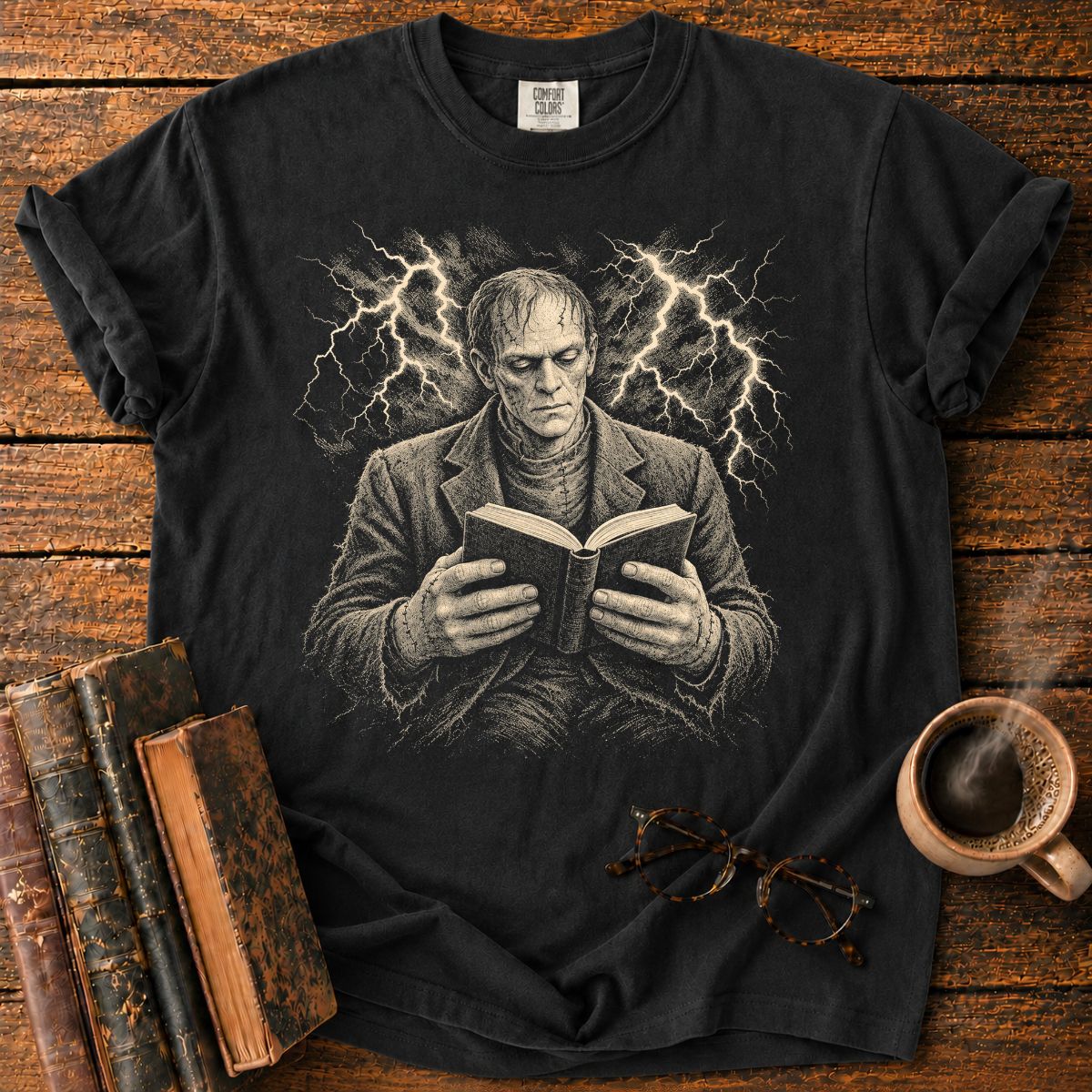 Frankenstein Monster Reading Lightning T-Shirt