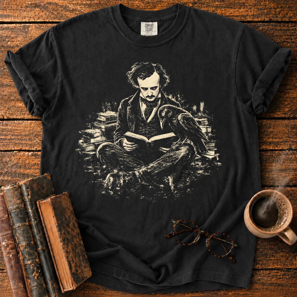 Edgar Allan Poe Reading With Raven T-Shirt