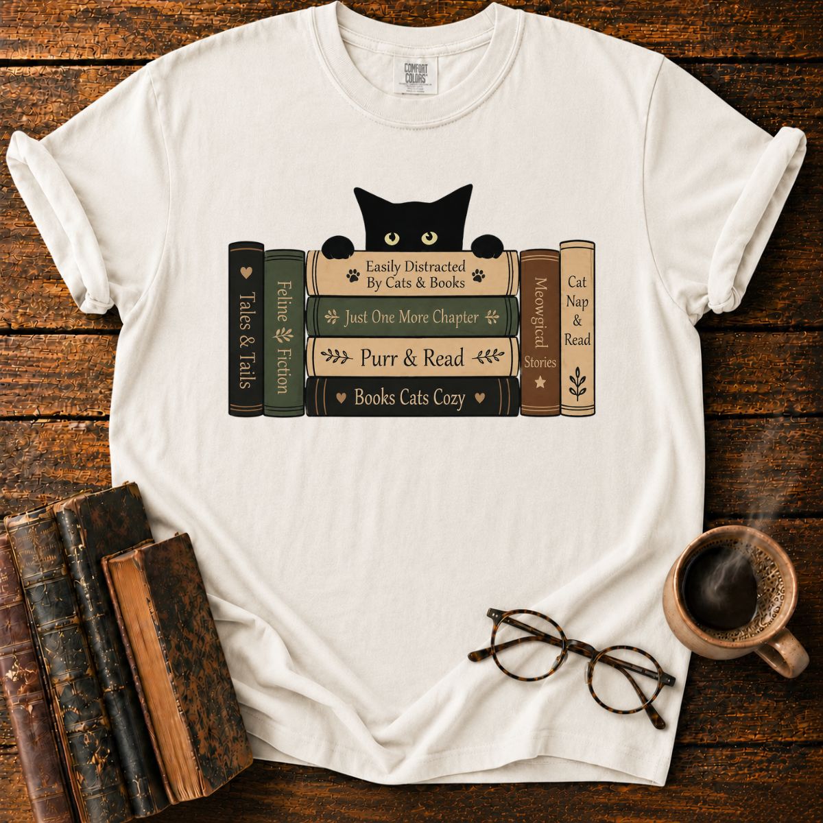 Curious Cat Peeking Over Books T-Shirt