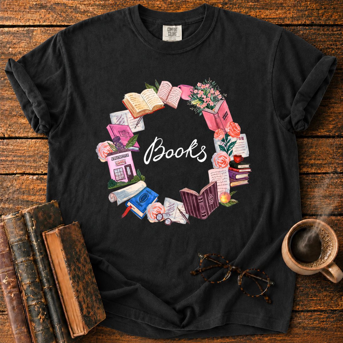 Pastel Books and Blooms Wreath T-Shirt