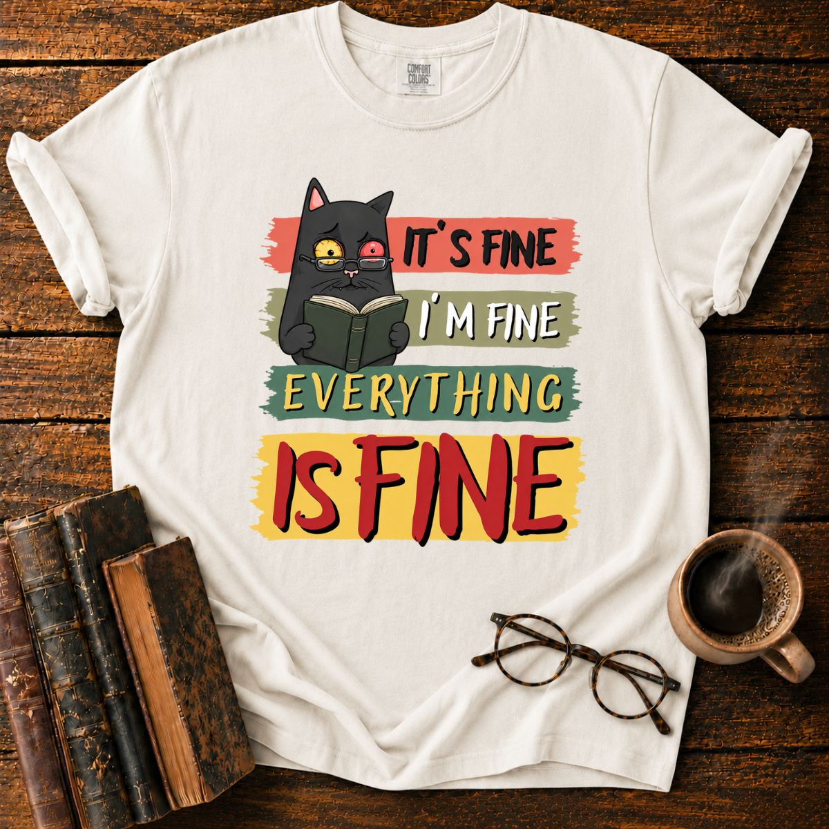Anxious Cat Reading_ Everything Is Fine T-Shirt