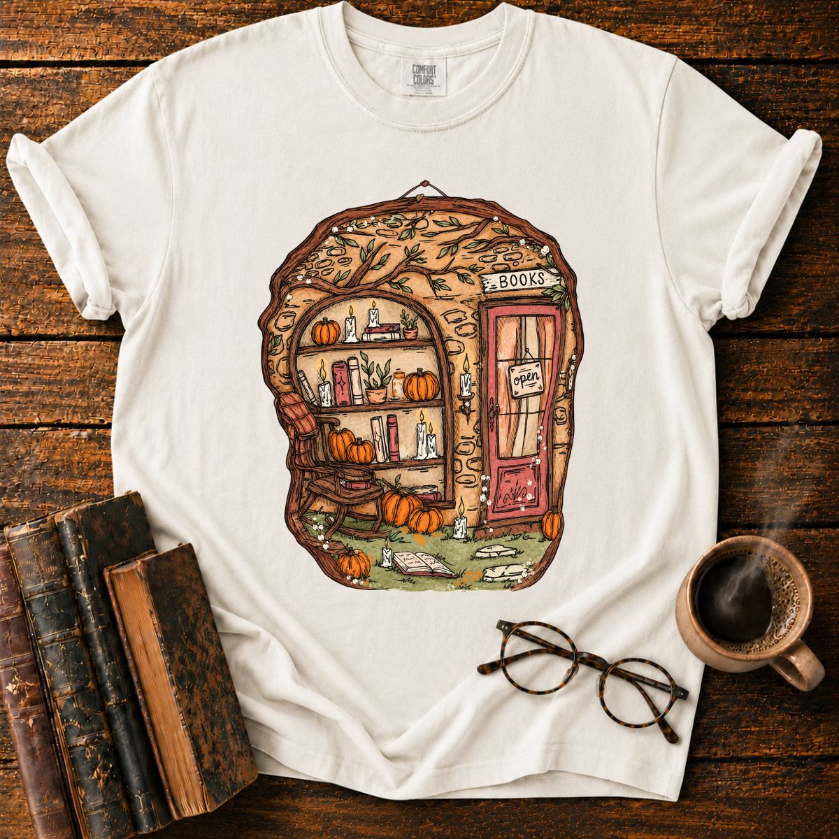 Whimsical Autumn Treehouse Bookstore T-Shirt