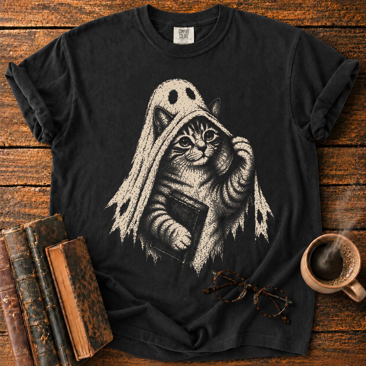 Ghost Kitten with Book T-Shirt