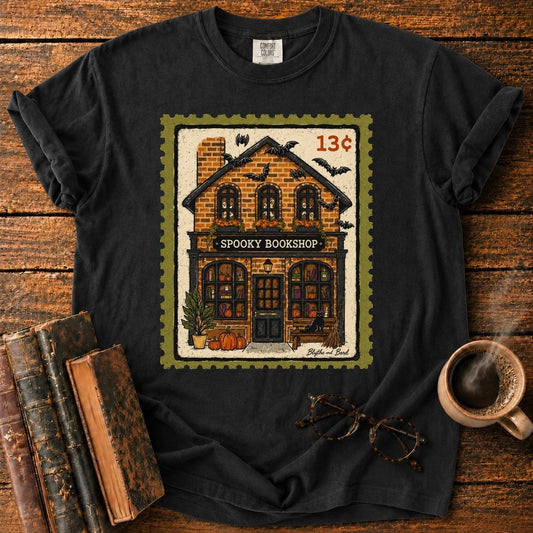 Spooky Bookshop Halloween Stamp T-Shirt