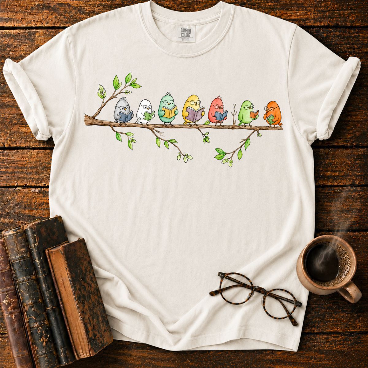 Seven Studious Birds on a Leafy Branch T-Shirt