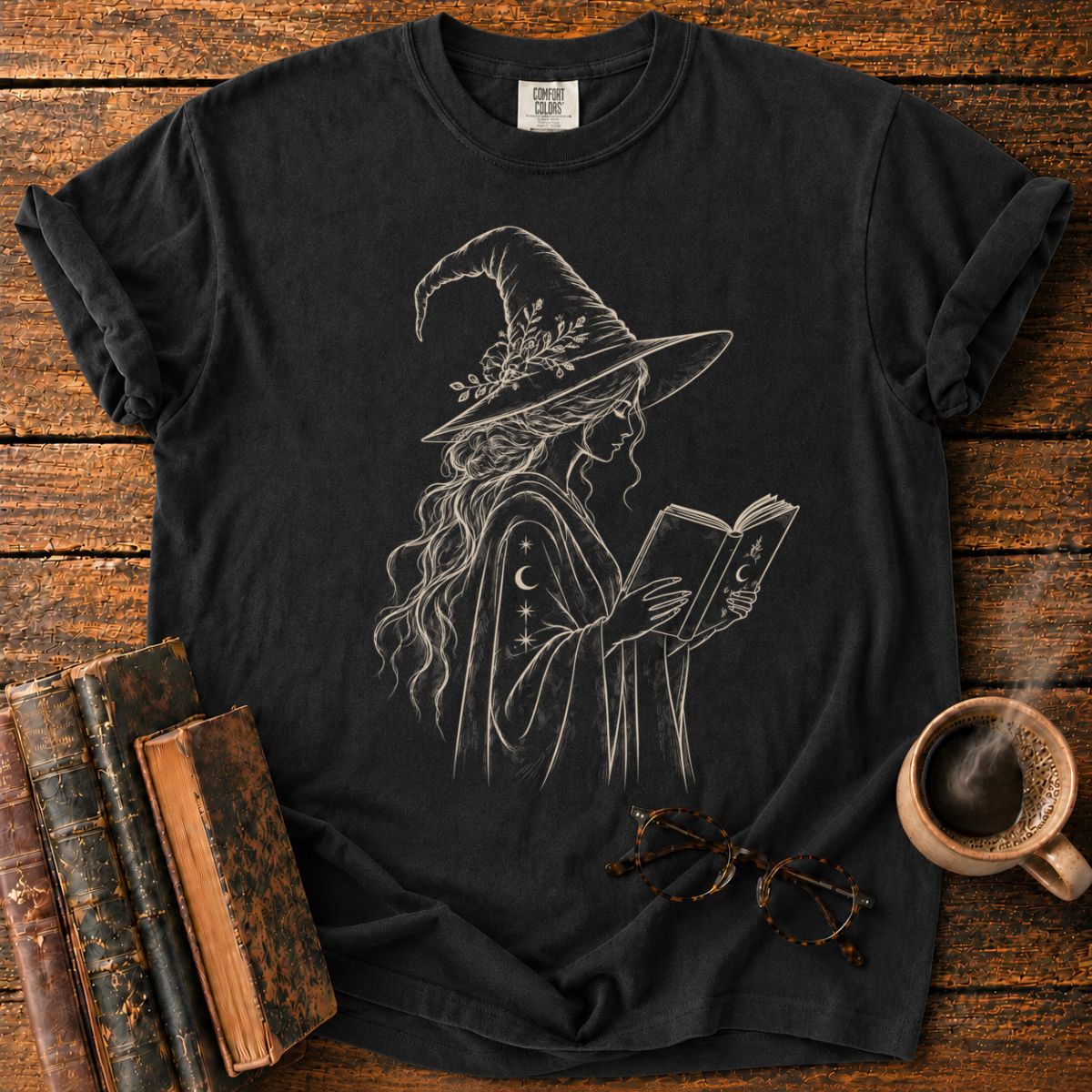 Mystical Witch Reading Under Starlight T-Shirt