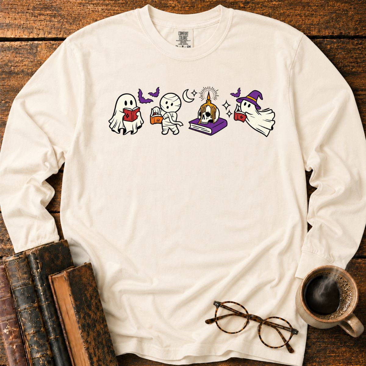 Spooky Ghost Mummy Book Lover LS T-Shirt