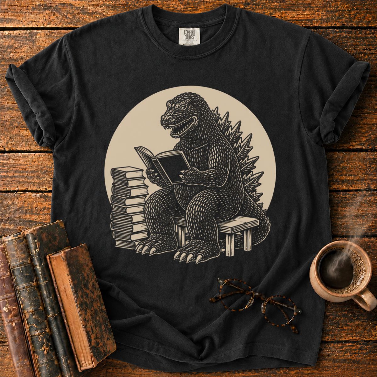 Kaiju Reading in Vintage Woodcut Style T-Shirt