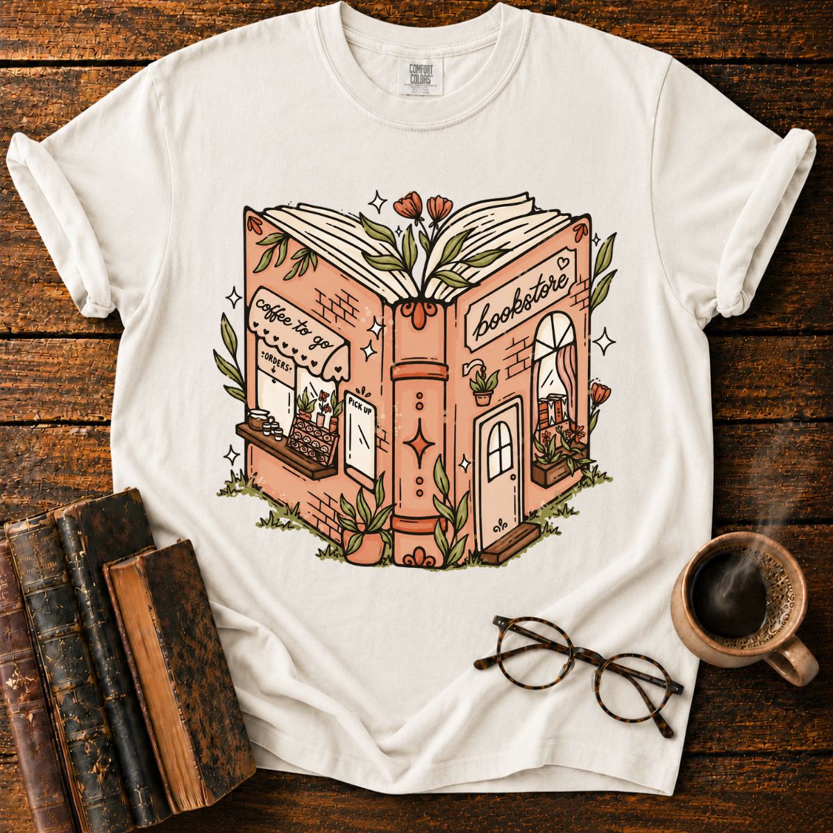 Whimsical Open-Book Bookstore Coffee T-Shirt