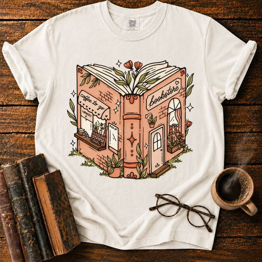 Whimsical Open-Book Bookstore Coffee T-Shirt