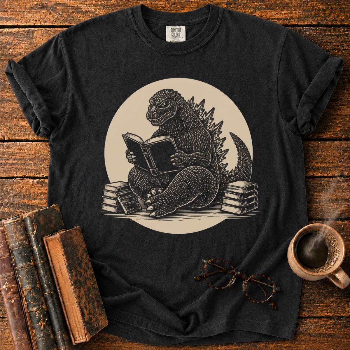 Godzilla Reading Among Books T-Shirt