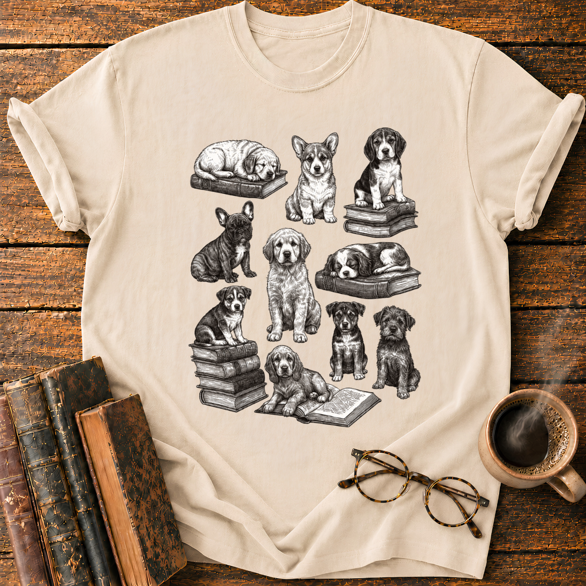 Vintage Puppy Bookworm Collage T-Shirt