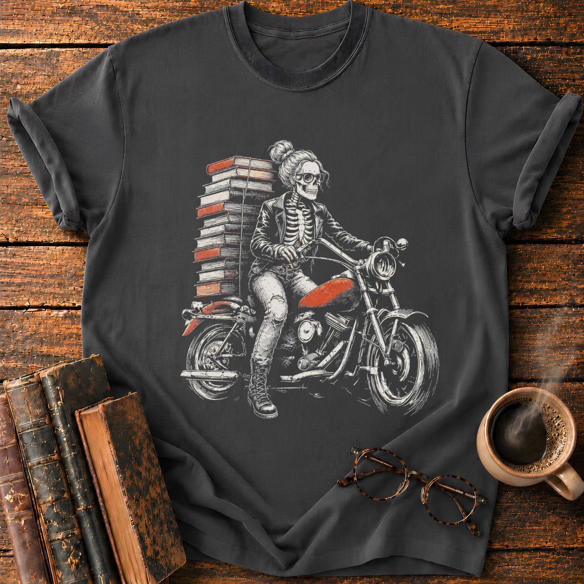 Skeletal Biker’s Tower of Books T-Shirt