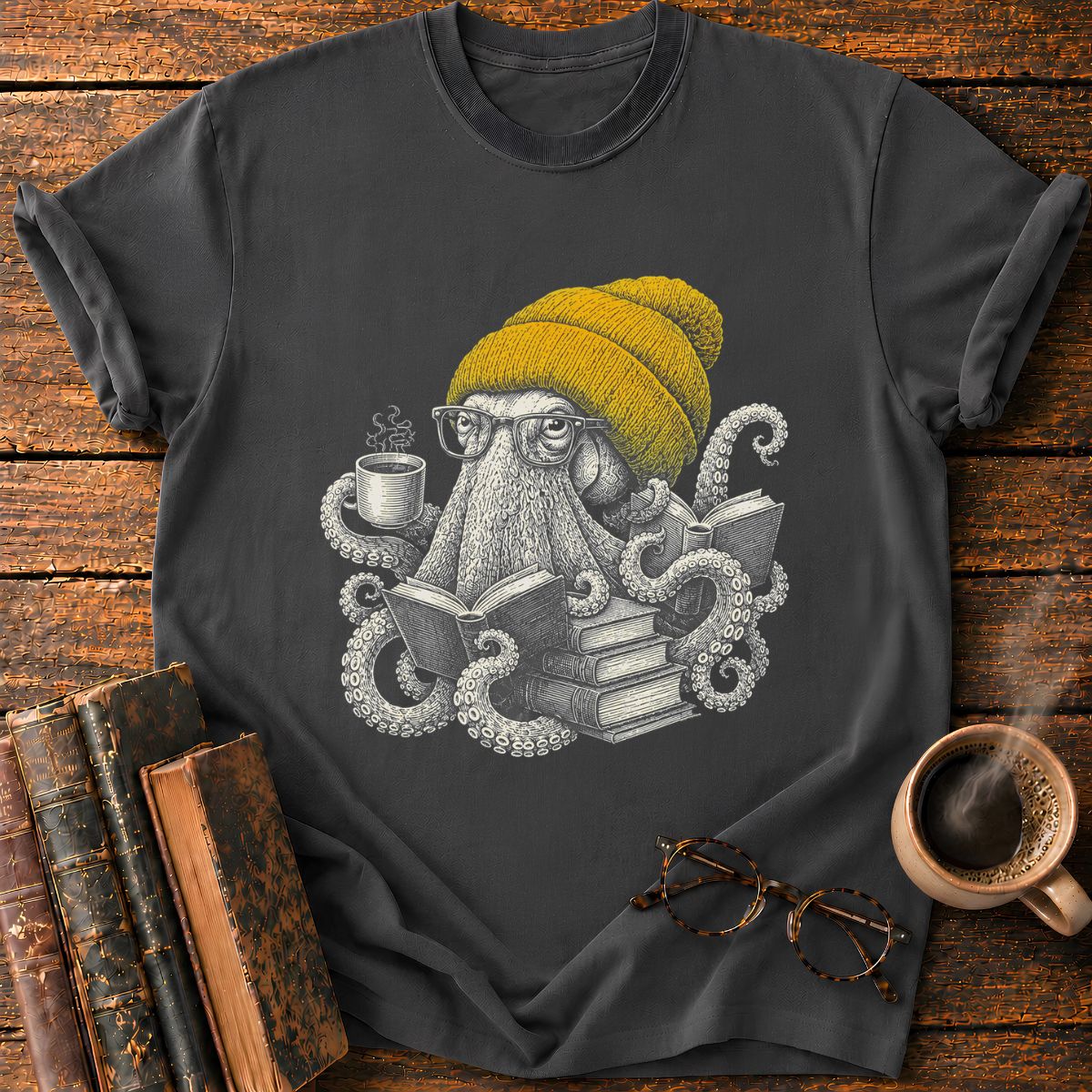 Octopus with Coffee and Books T-Shirt