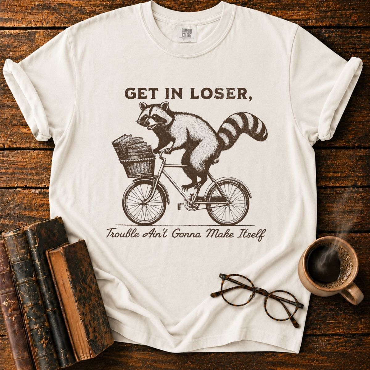Raccoon’s Vintage Book Bike Ride T-Shirt
