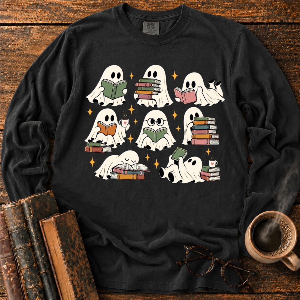 Cozy Ghosts Reading Books LS T-Shirt
