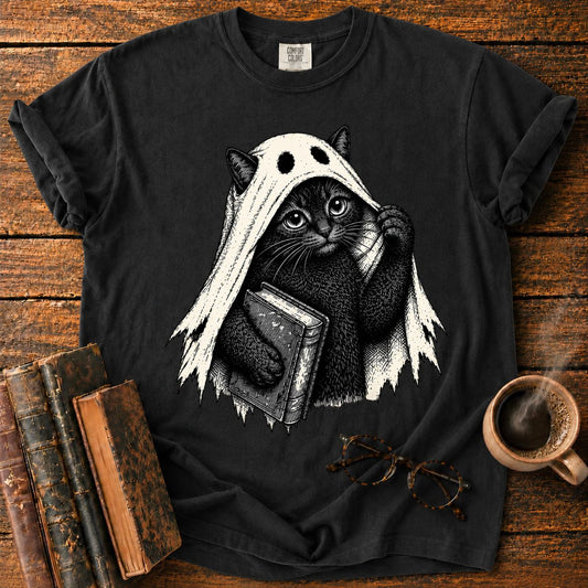 Ghost Black Cat with Haunted Book T-Shirt