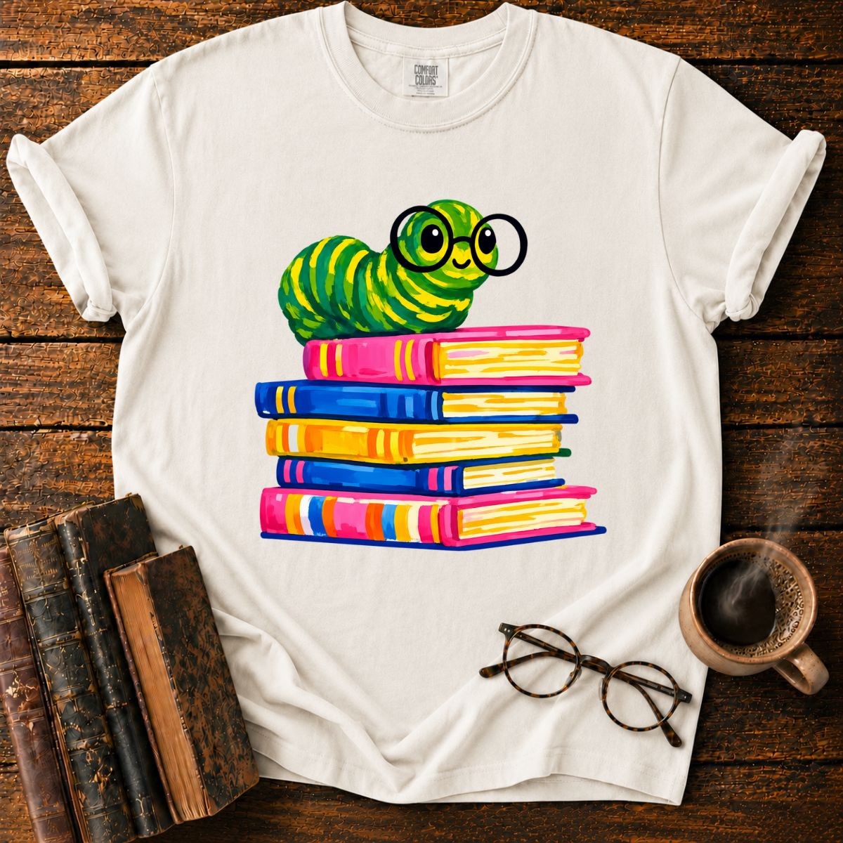 Cheerful Bookworm on Colorful Books T-Shirt
