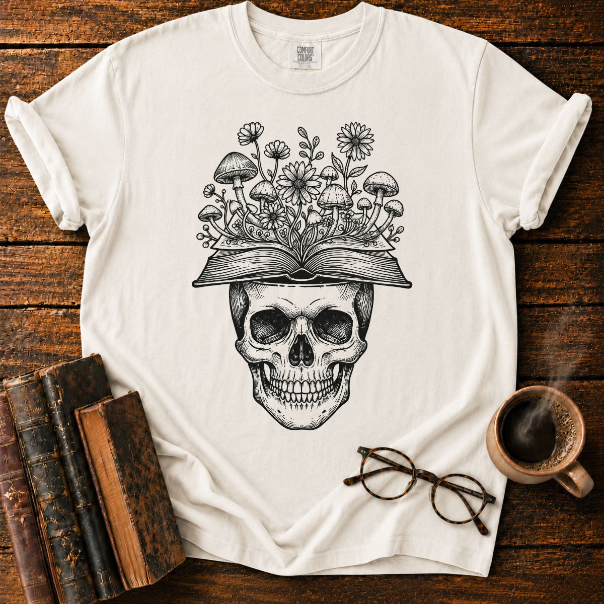 Skull Book Mushroom Wildflowers T-Shirt
