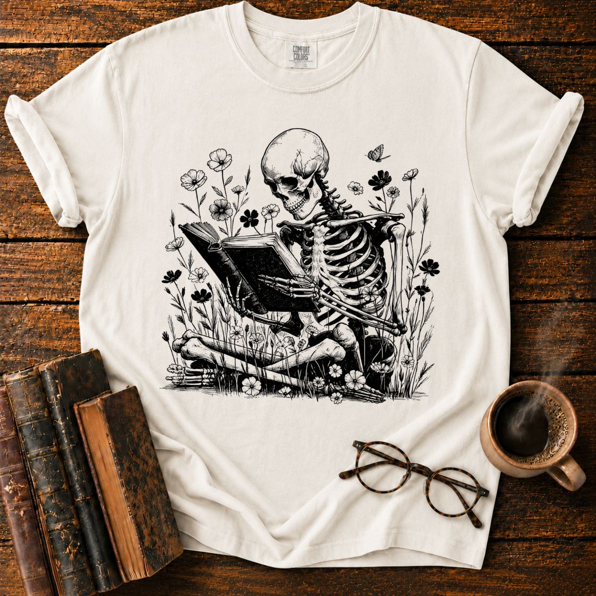Skeletal Reader in a Wildflower Meadow T-Shirt
