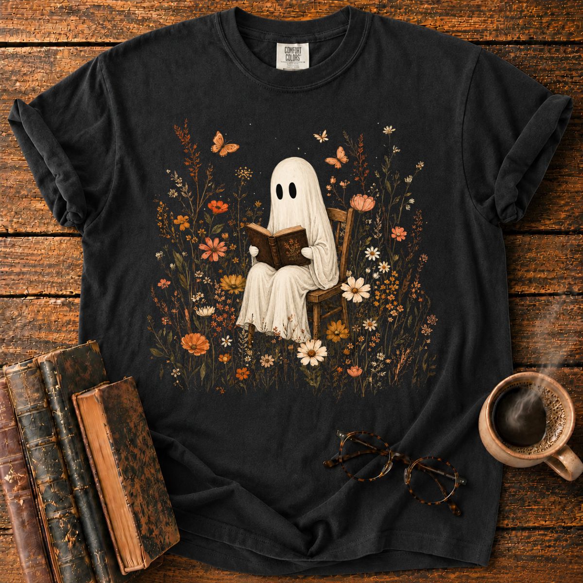 Ghost Reading in a Wildflower T-Shirt