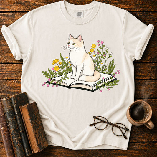 Cat Reading Among Flowers T-Shirt