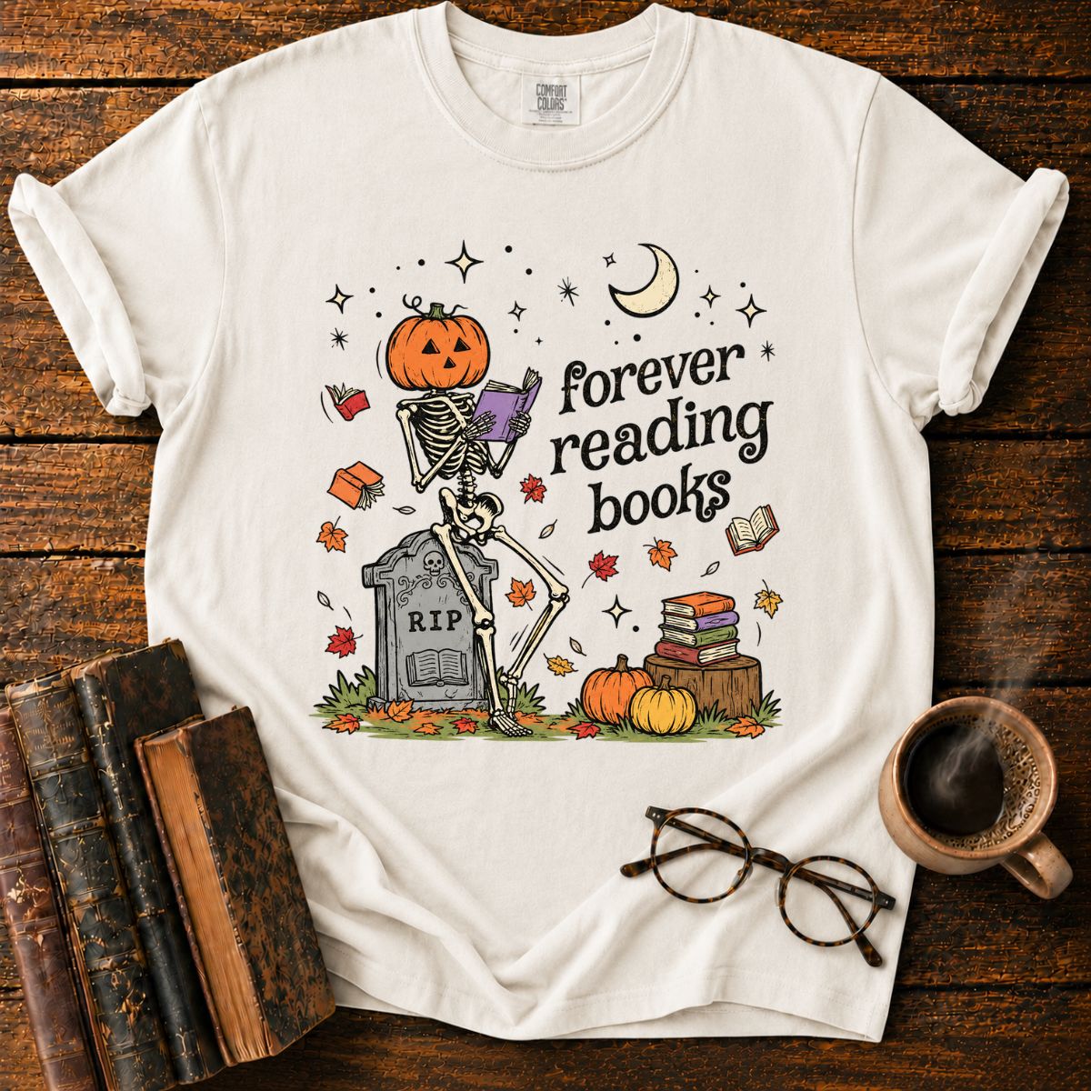 Forever Reading Books Pumpkin Skeleton T-Shirt
