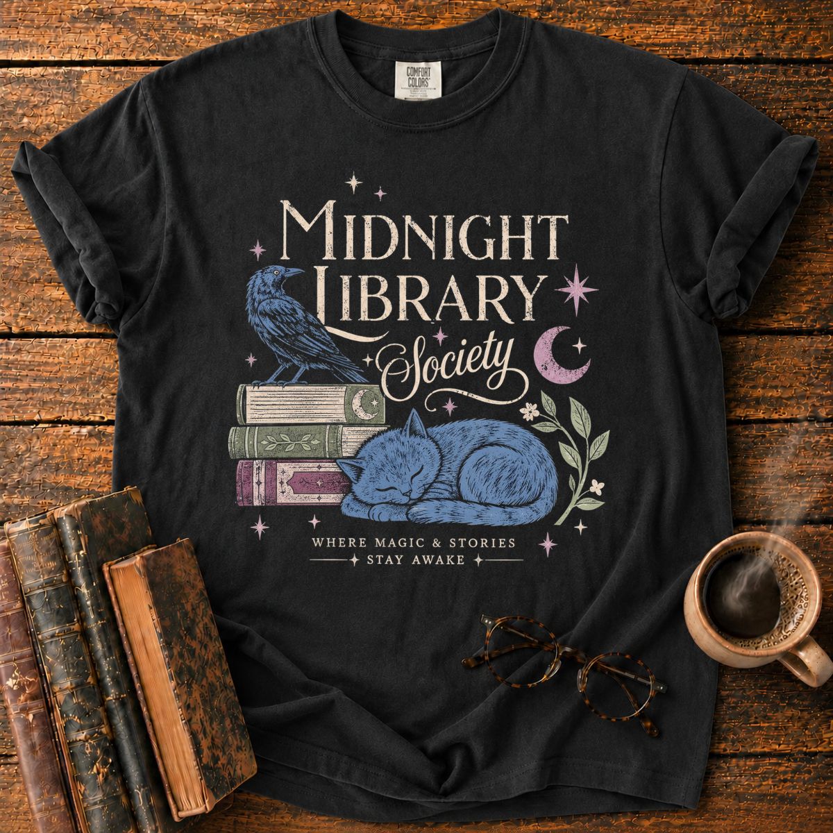 Midnight Library Society Cat Raven T-Shirt