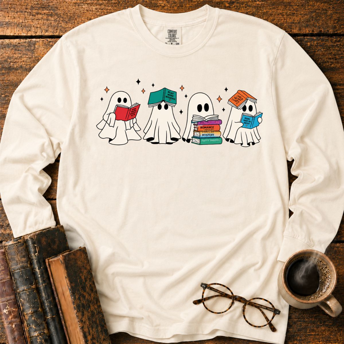 Cute Ghosts Reading Books LS T-Shirt