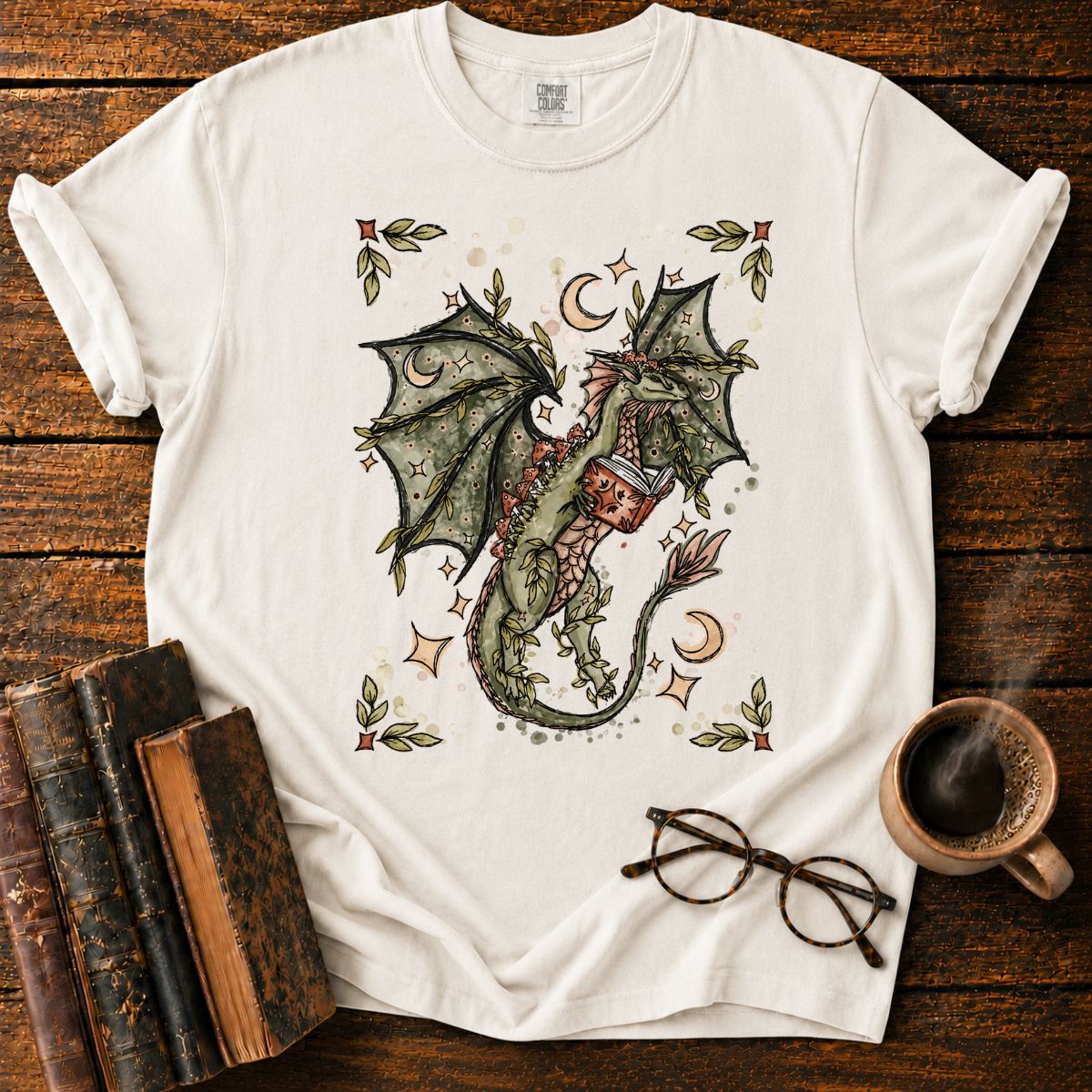 Whimsical Dragon Reading Among Stars T-Shirt