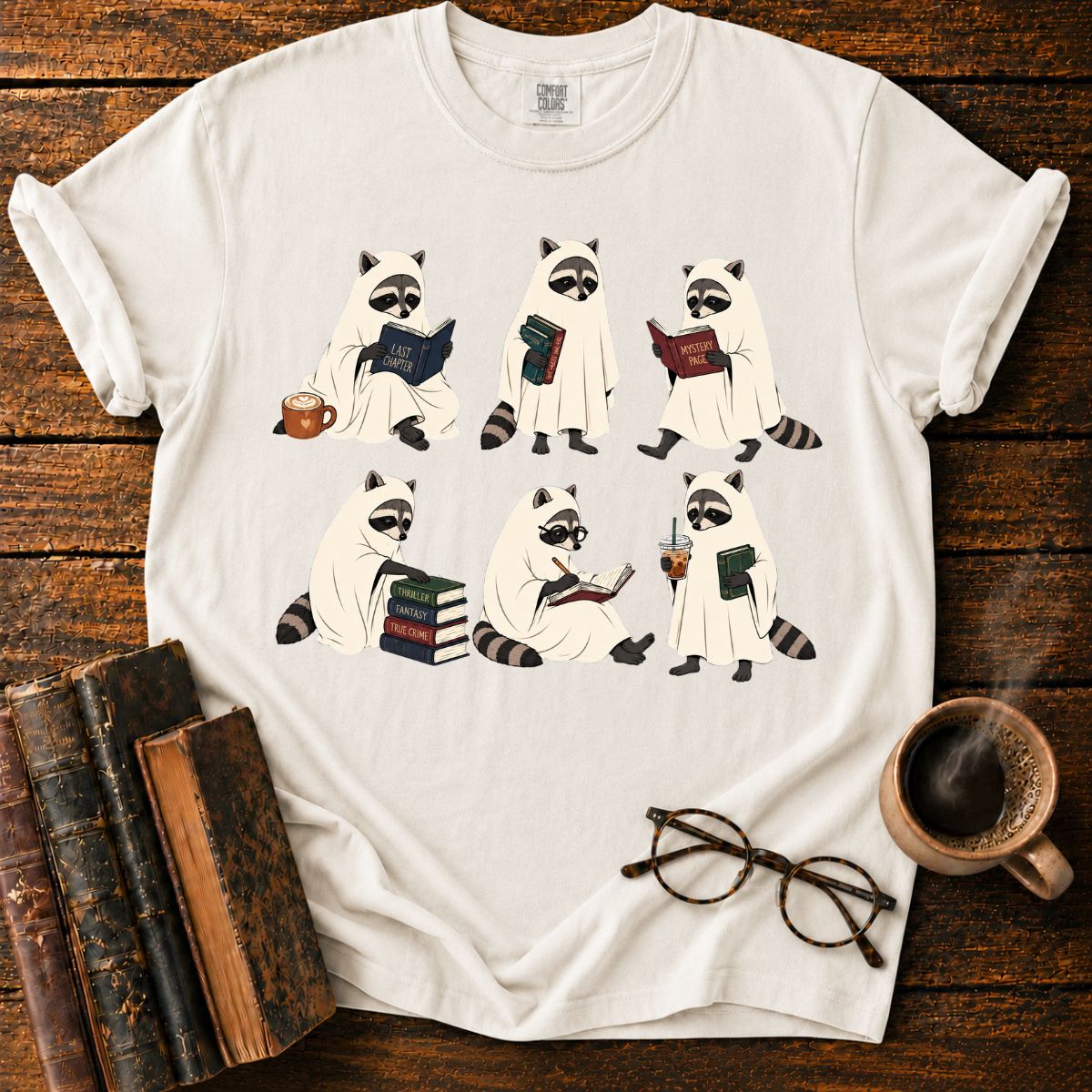Ghostly Raccoons’ Cozy Book Club T-Shirt