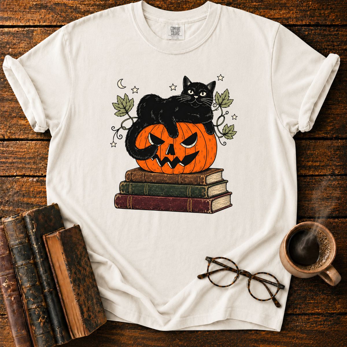 Black Cat, Pumpkin and Vintage Books T-Shirt