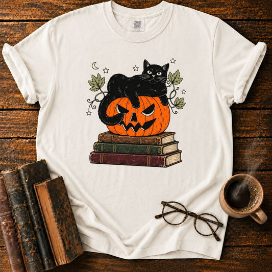 Black Cat, Pumpkin and Vintage Books T-Shirt