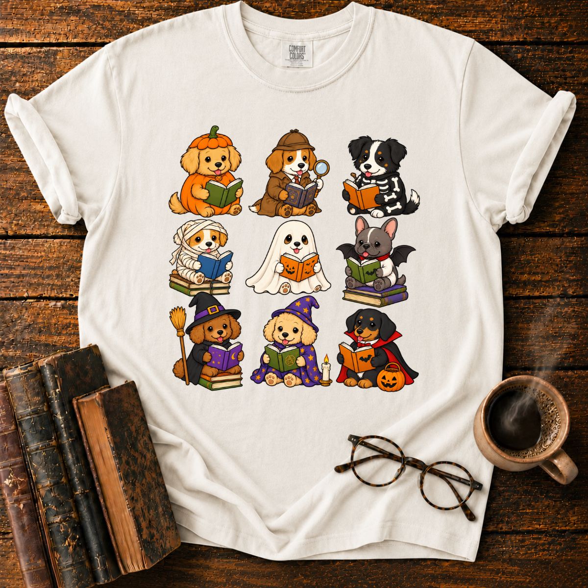 Kawaii Halloween Dogs Reading T-Shirt