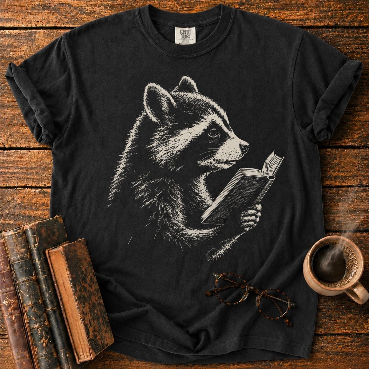 Vintage Engraved Raccoon Reading T-Shirt