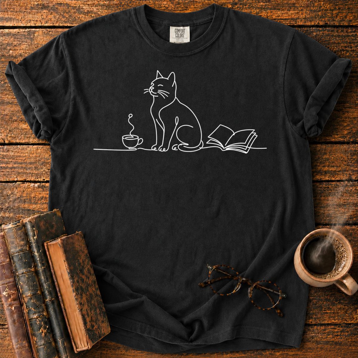 Minimalist Cat, Cup, and Book T-Shirt