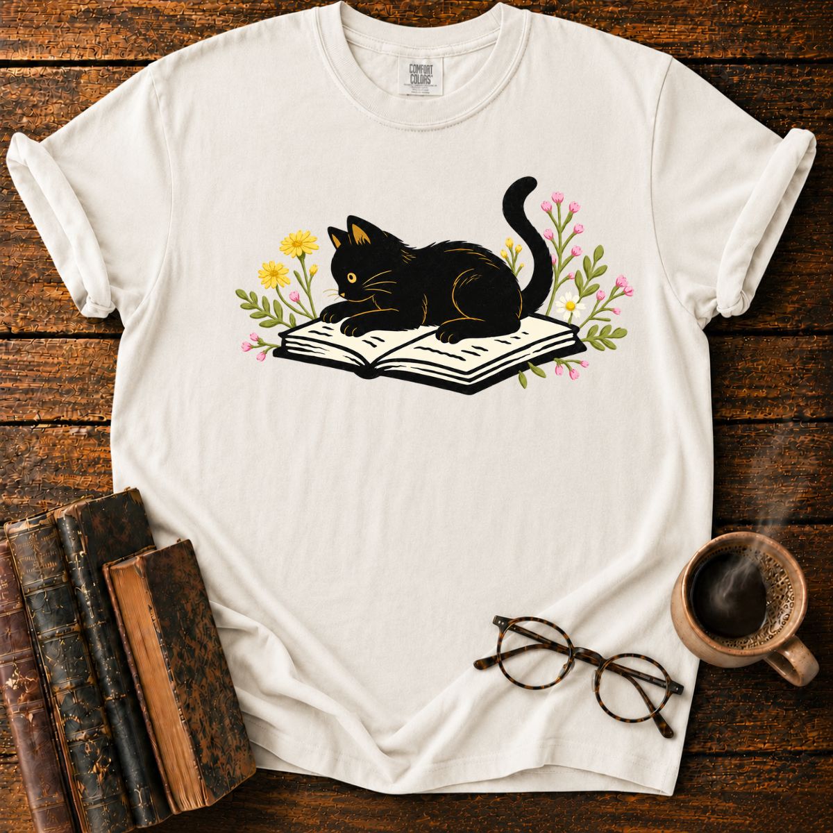 Cat Reading Among Flowers T-Shirt