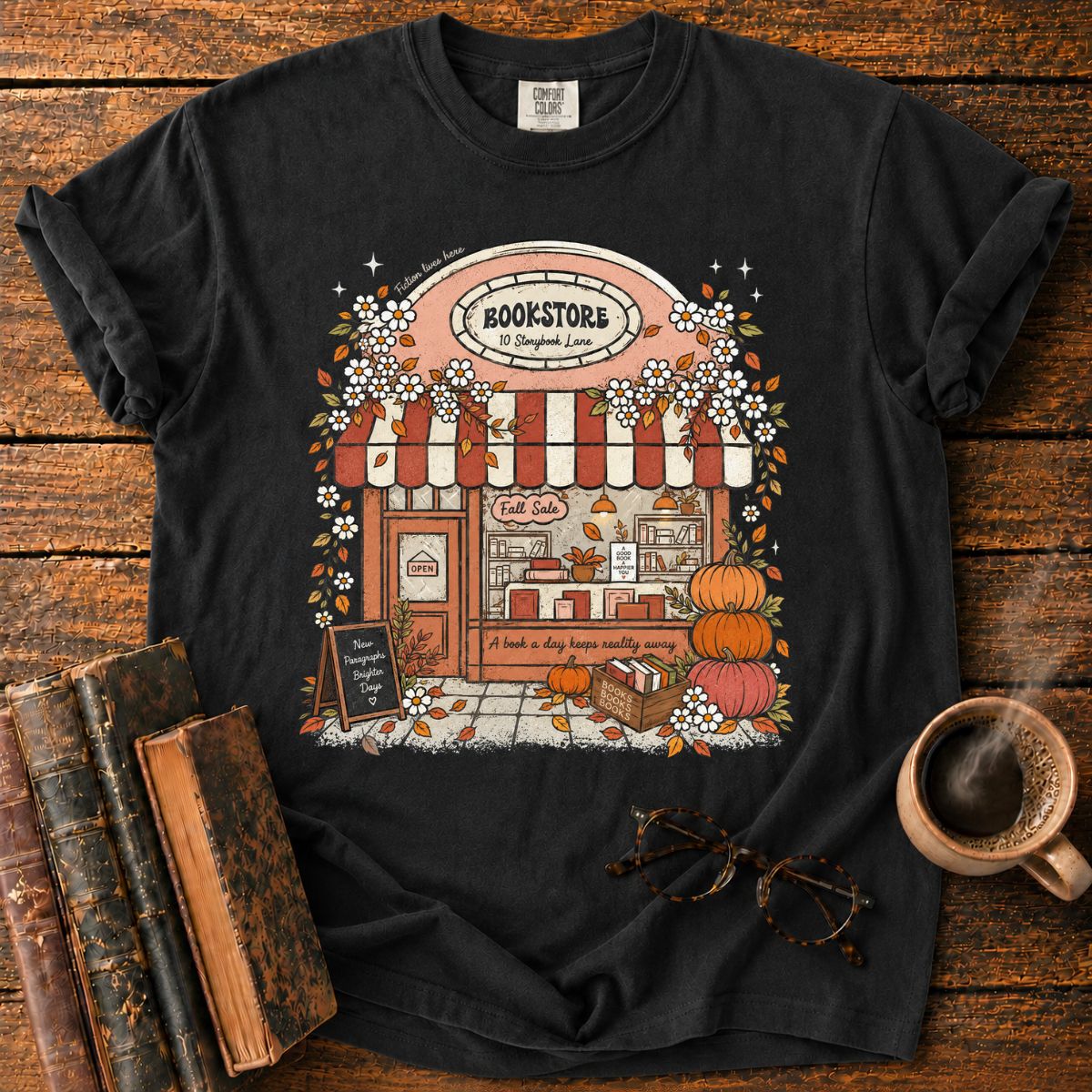 Cozy Fall Bookstore Storefront T-Shirt