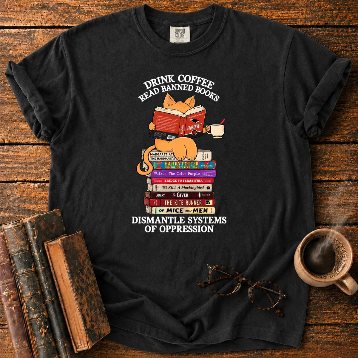 Cat Drink Coffee Read Banned Books T-Shirt