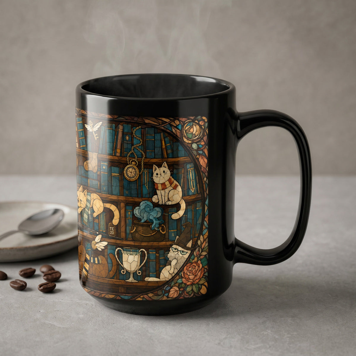 Enchanted Bookshelf Cats Mug