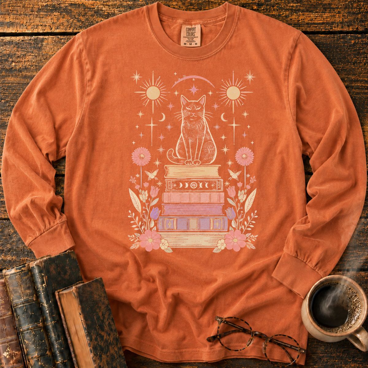 Celestial Black Cat Book Stack LS T-Shirt