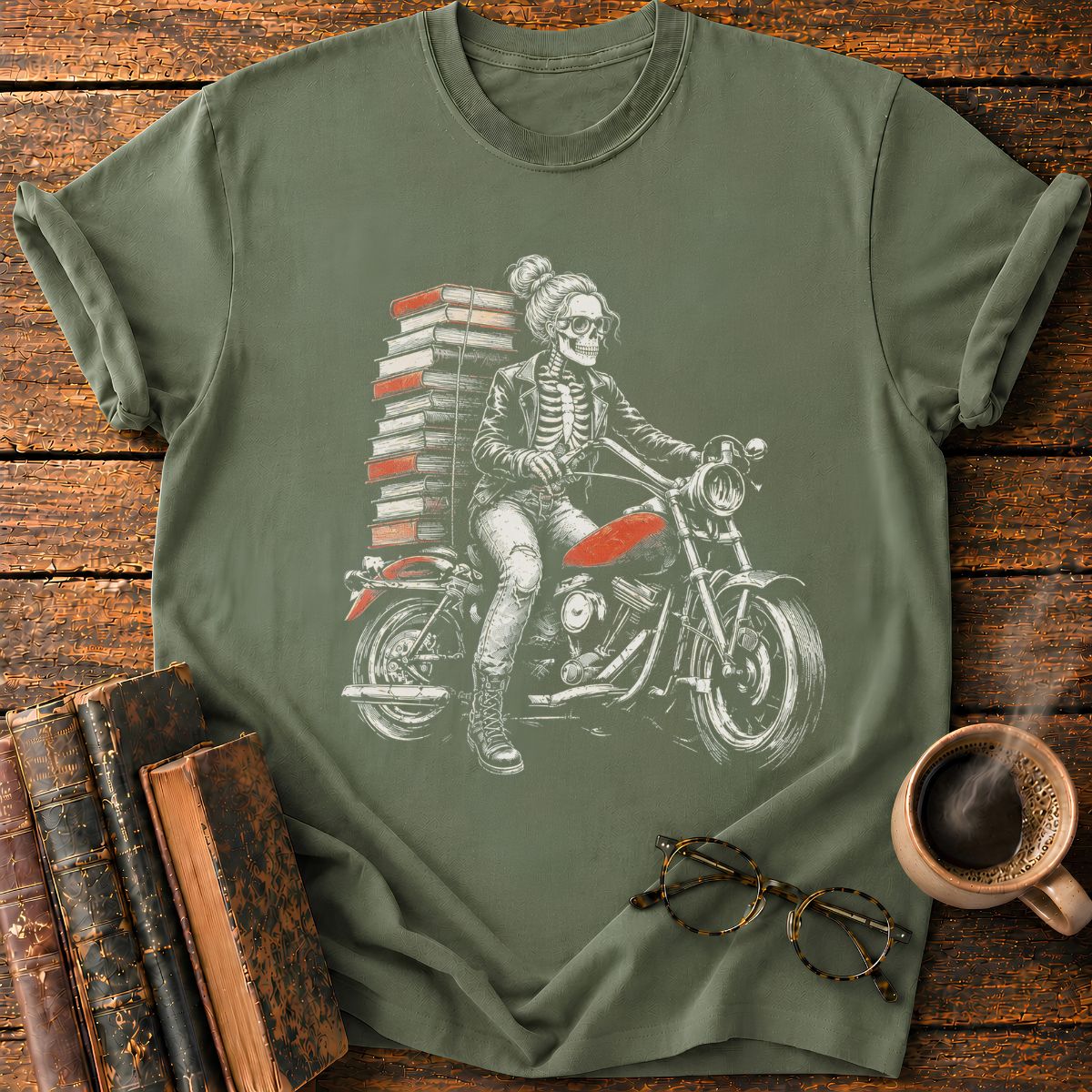 Skeletal Biker’s Tower of Books T-Shirt